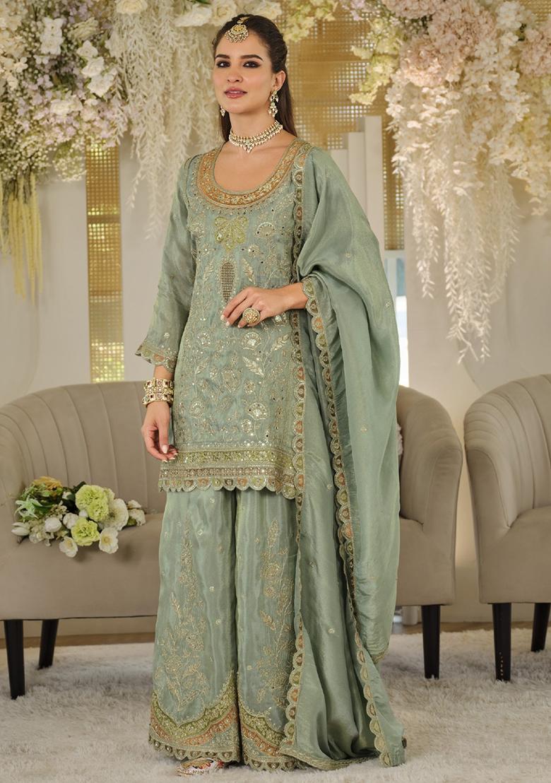Blue Embroidered Silk Kurta Set - Indya