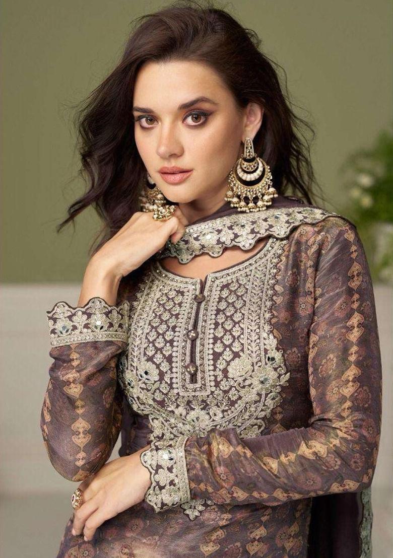 Grey Embroidered Silk Kurta Set - Indya