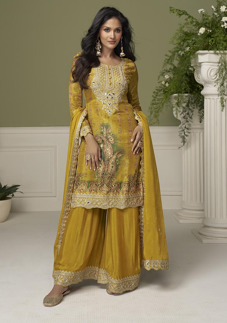 Yellow Embroidered Silk Kurta Set - Indya