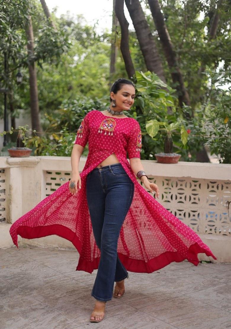 Red Bandhej Georgette Anarkali - Indya