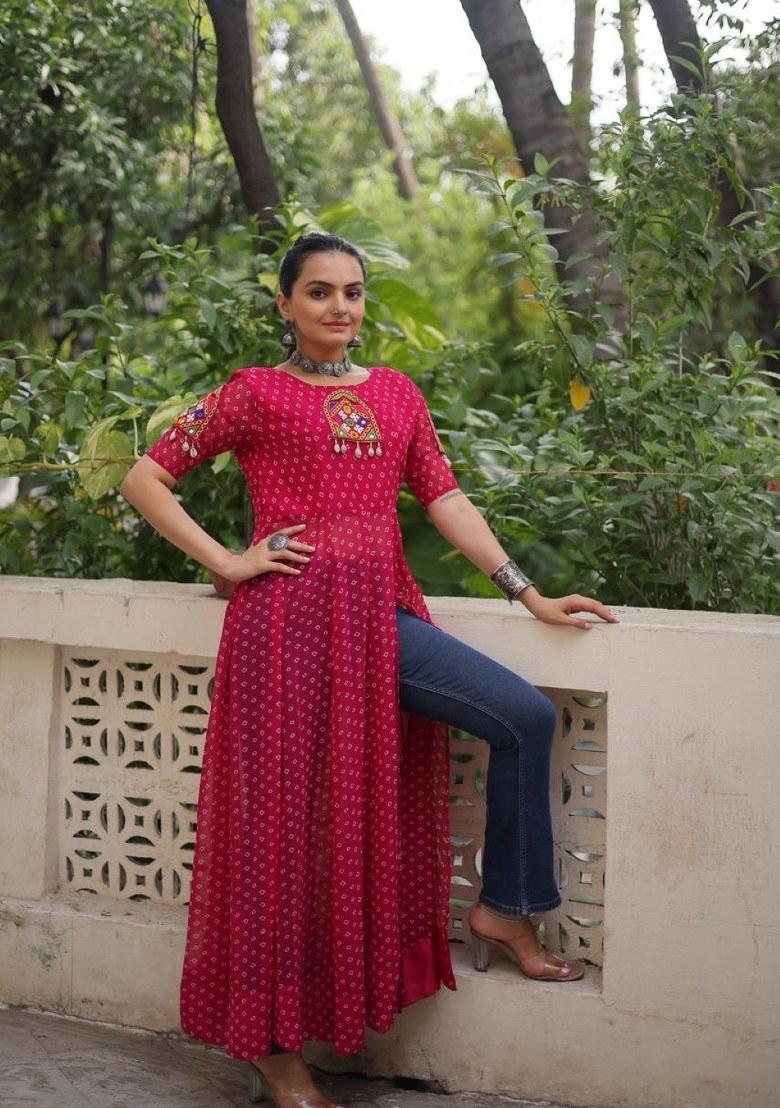 Red Bandhej Georgette Anarkali - Indya