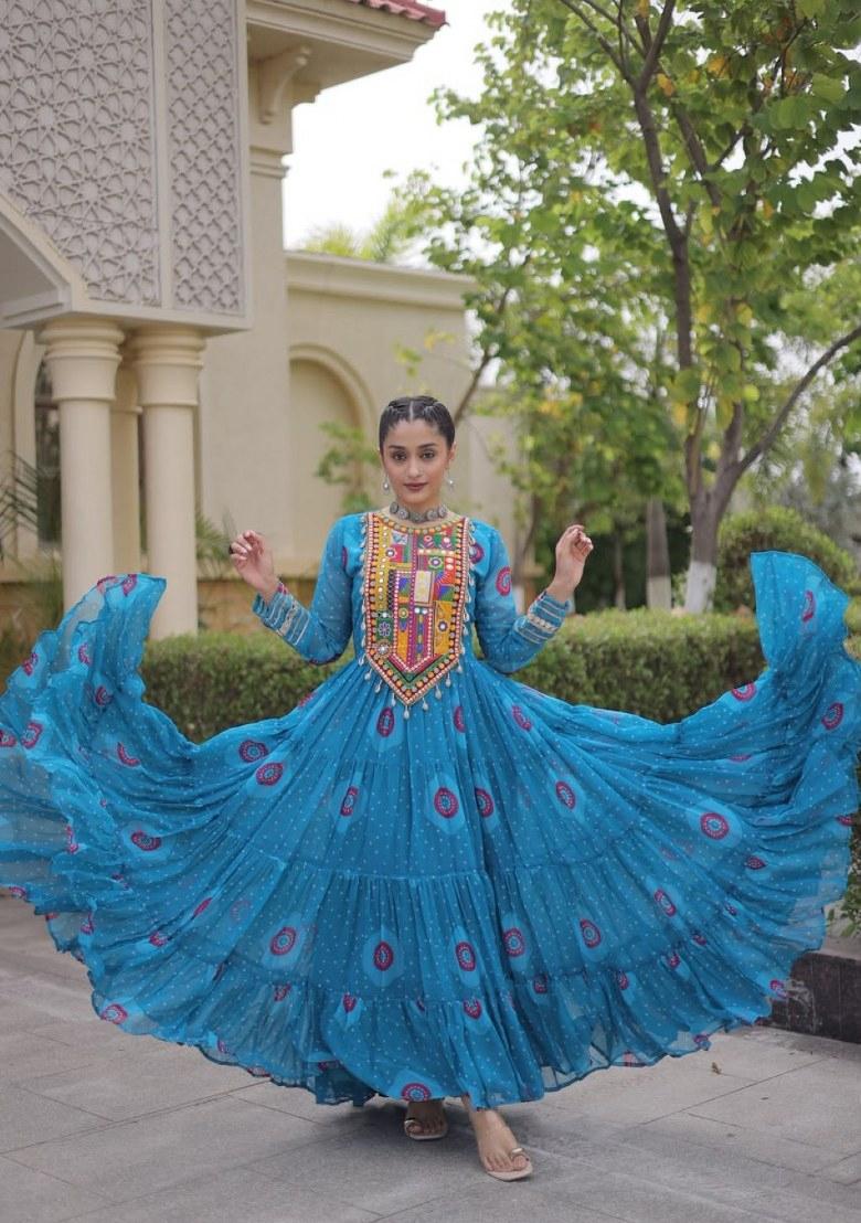 Blue Bandhej Georgette Anarkali - Indya