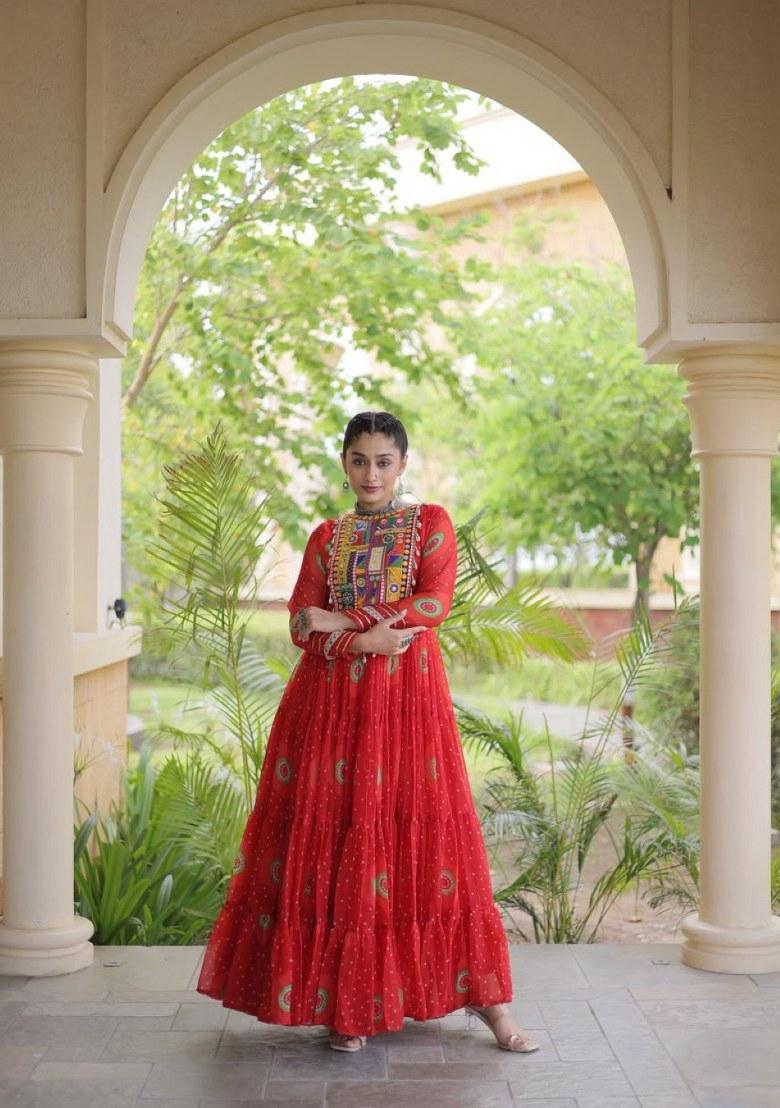 Orange Bandhej Georgette Anarkali - Indya