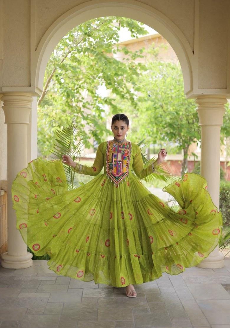 Olive Bandhej Georgette Anarkali - Indya