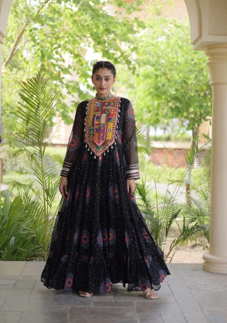 Black Bandhej Georgette Anarkali - Indya