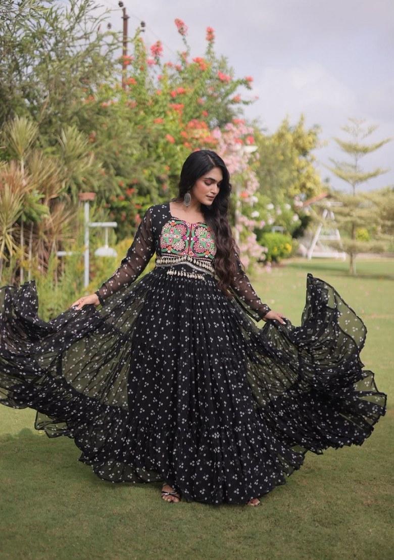 Black Bandhej Georgette Anarkali - Indya