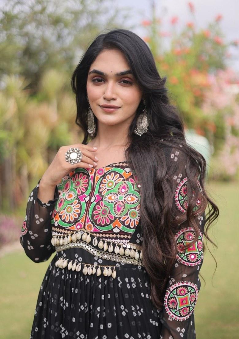 Black Bandhej Georgette Anarkali - Indya