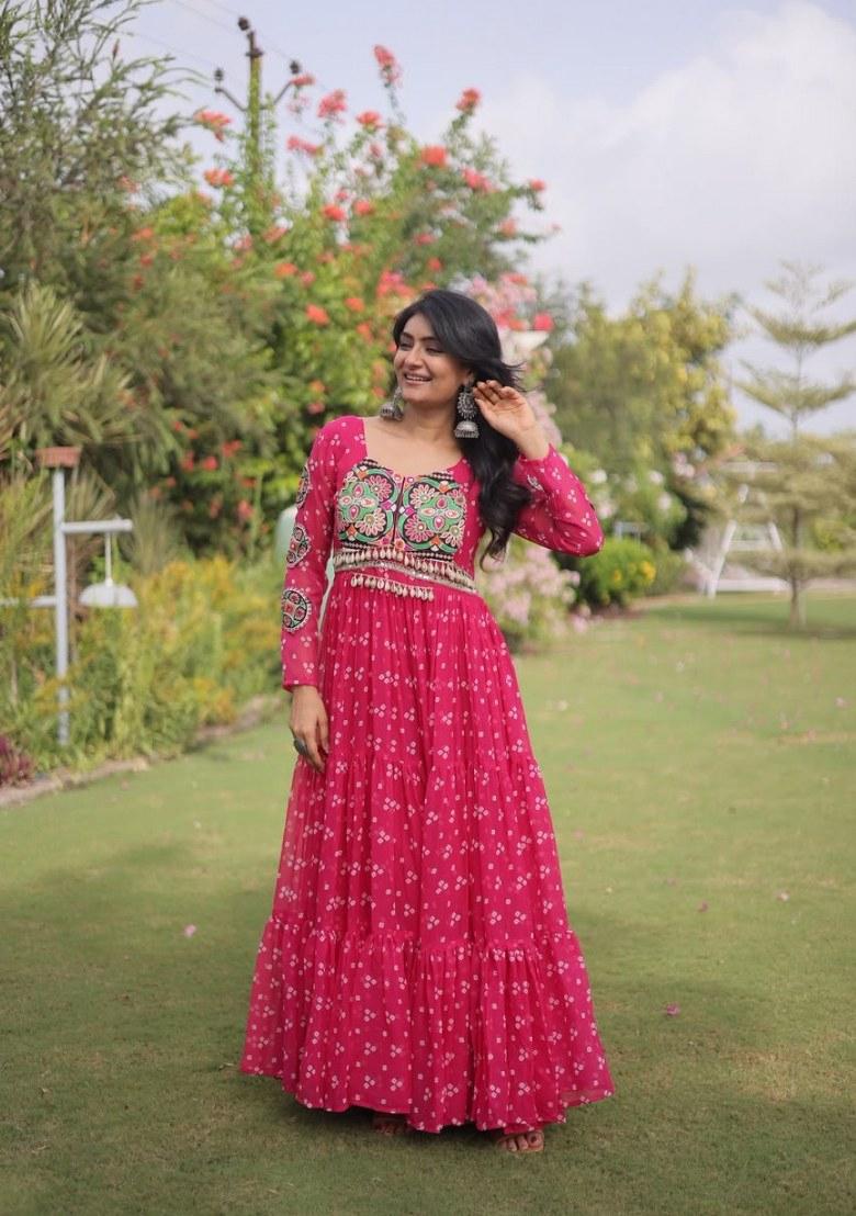 Rani Pink Bandhej Georgette Anarkali - Indya