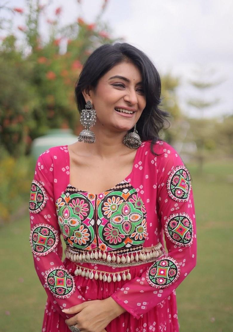 Rani Pink Bandhej Georgette Anarkali - Indya