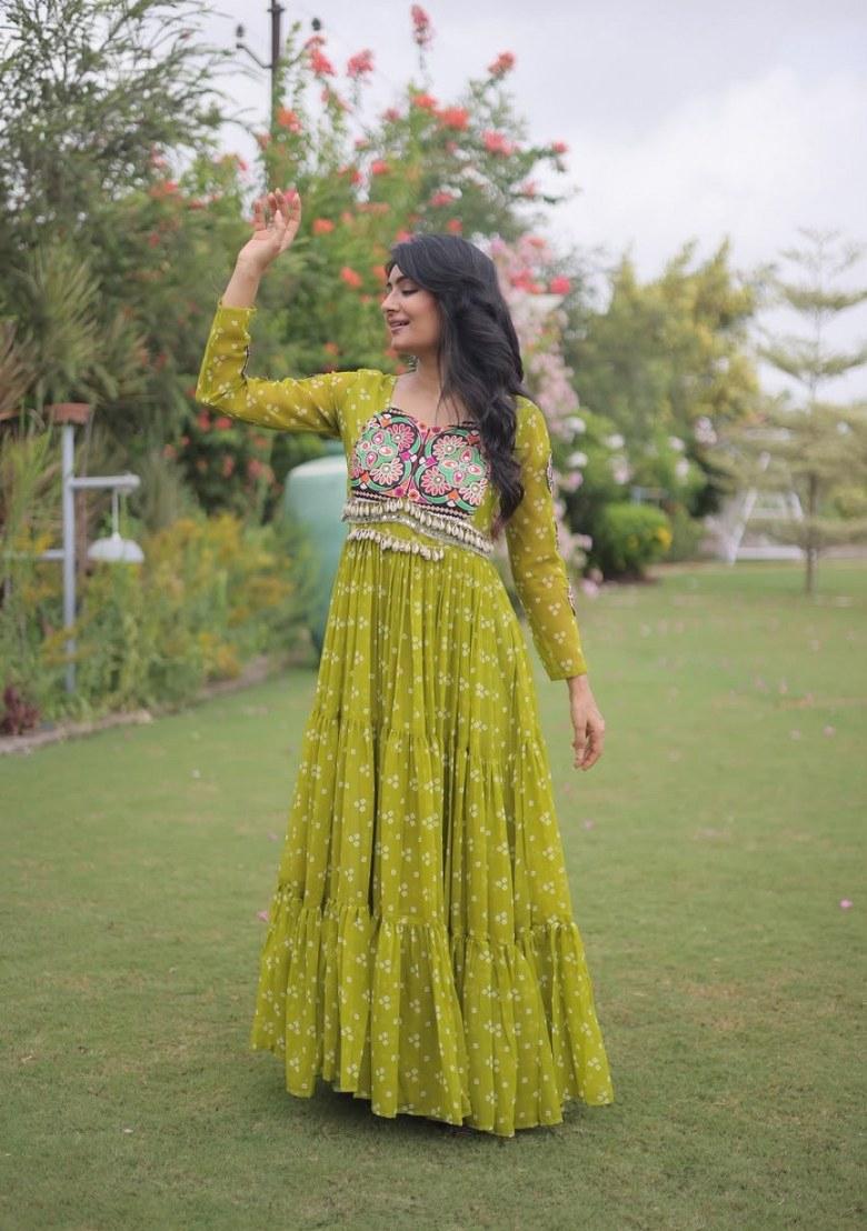 Olive Bandhej Georgette Anarkali - Indya