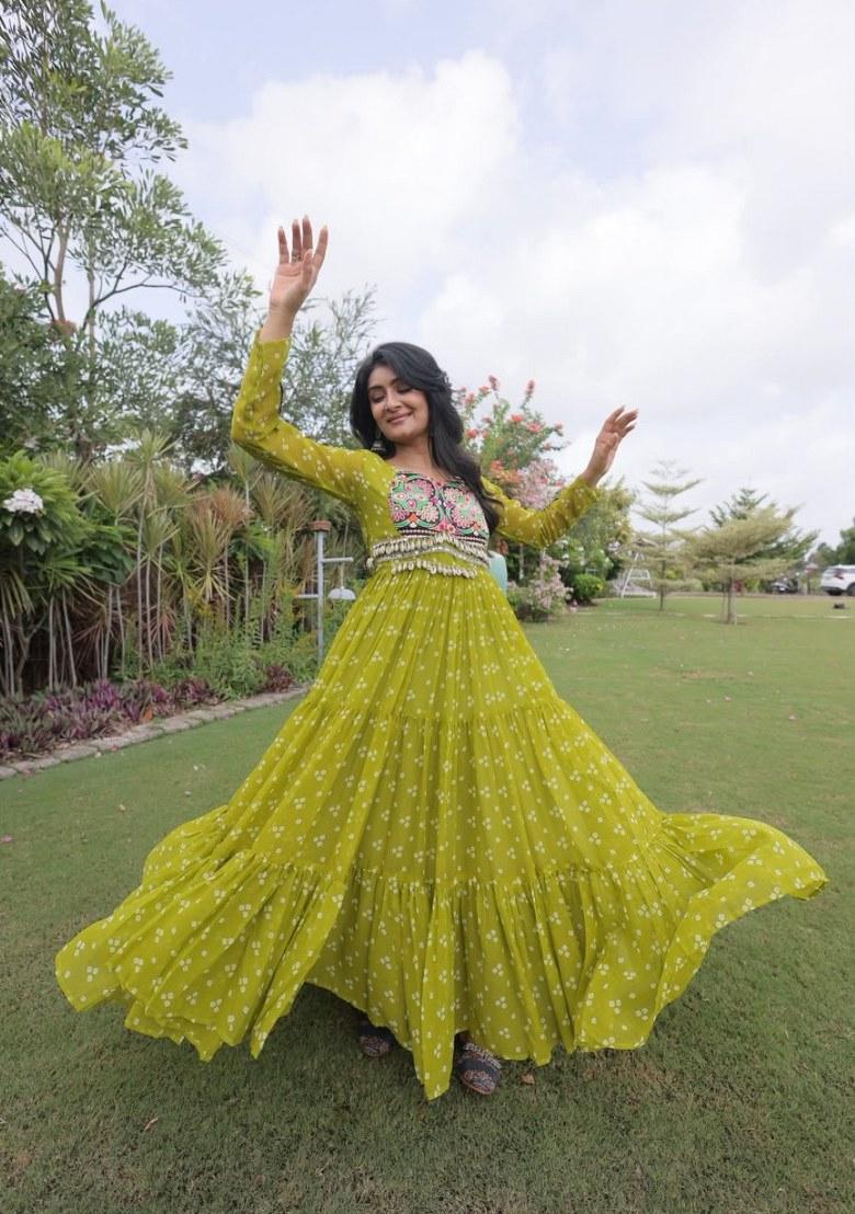 Olive Bandhej Georgette Anarkali - Indya