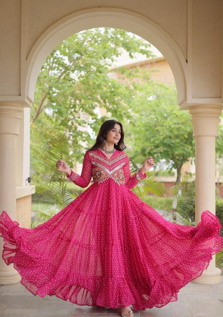Rani Pink Bandhej Georgette Anarkali - Indya