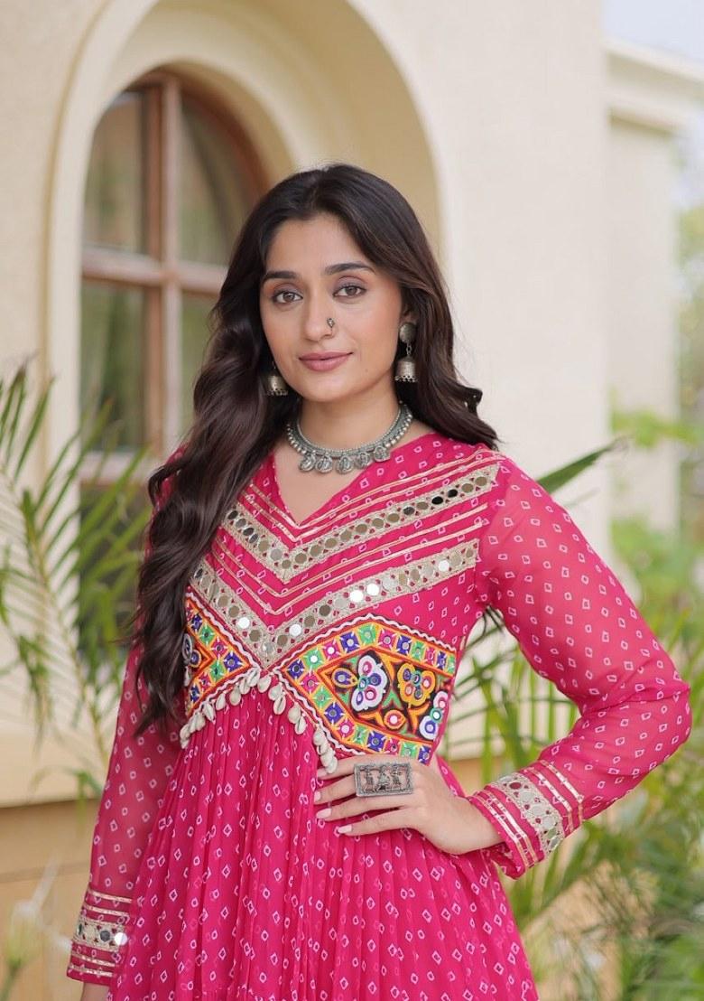 Rani Pink Bandhej Georgette Anarkali - Indya