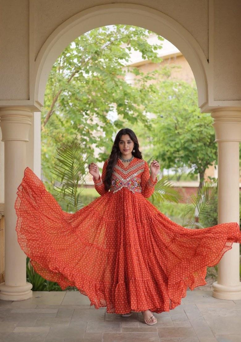 Orange Bandhej Georgette Anarkali - Indya