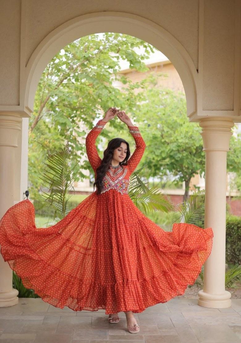 Orange Bandhej Georgette Anarkali - Indya