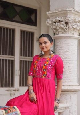 Rani Pink Mirror Work Silk Anarkali