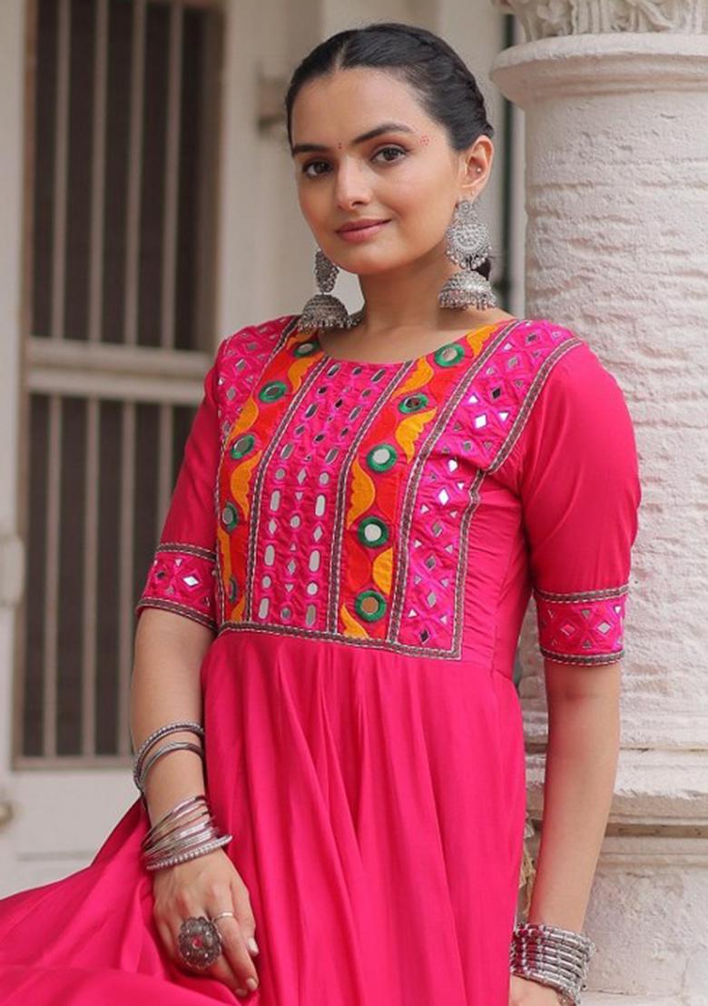 Rani Pink Mirror Work Silk Anarkali - Indya