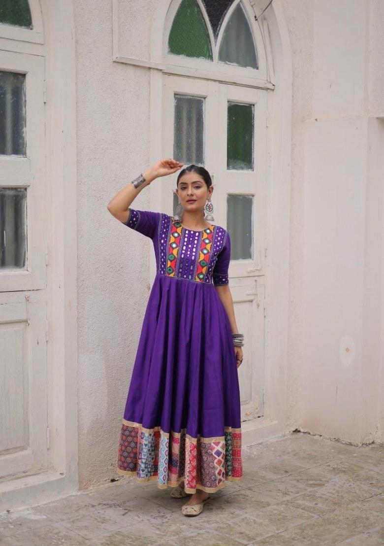 Violet Mirror Work Silk Anarkali - Indya