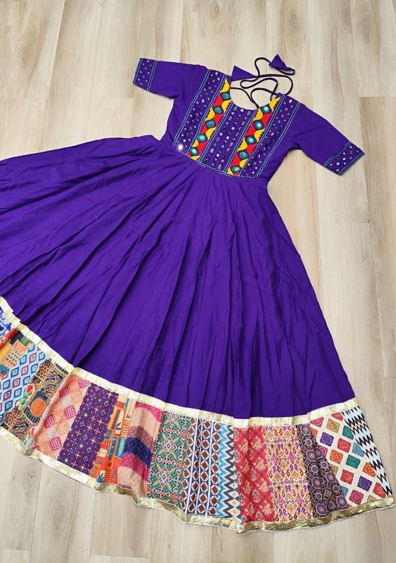 Violet Mirror Work Silk Anarkali - Indya
