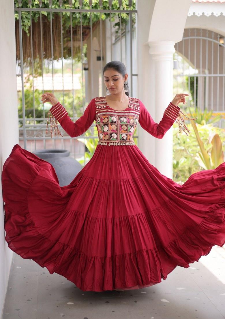 Maroon Mirror Work Rayon Anarkali - Indya