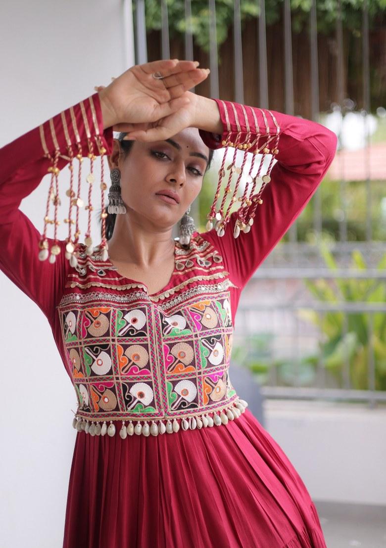Maroon Mirror Work Rayon Anarkali - Indya