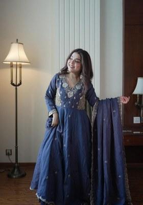 Navy Blue Beads Work Silk Anarkali Set