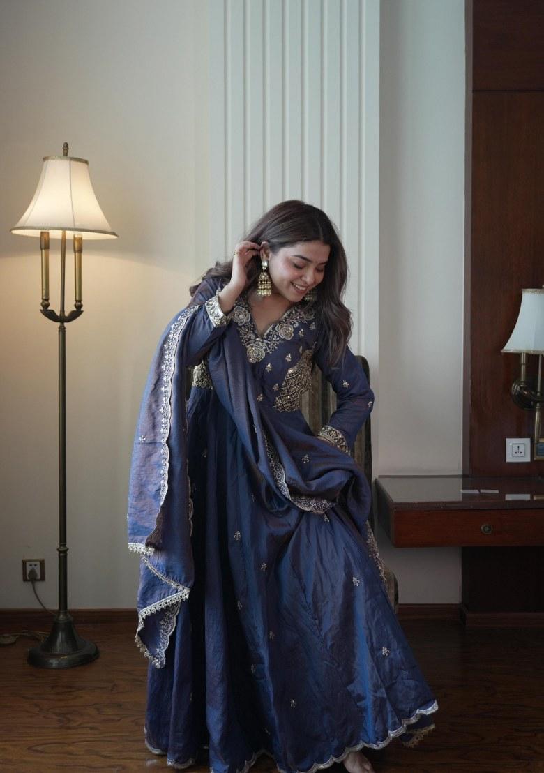 Navy Blue Beads Work Silk Anarkali Set - Indya