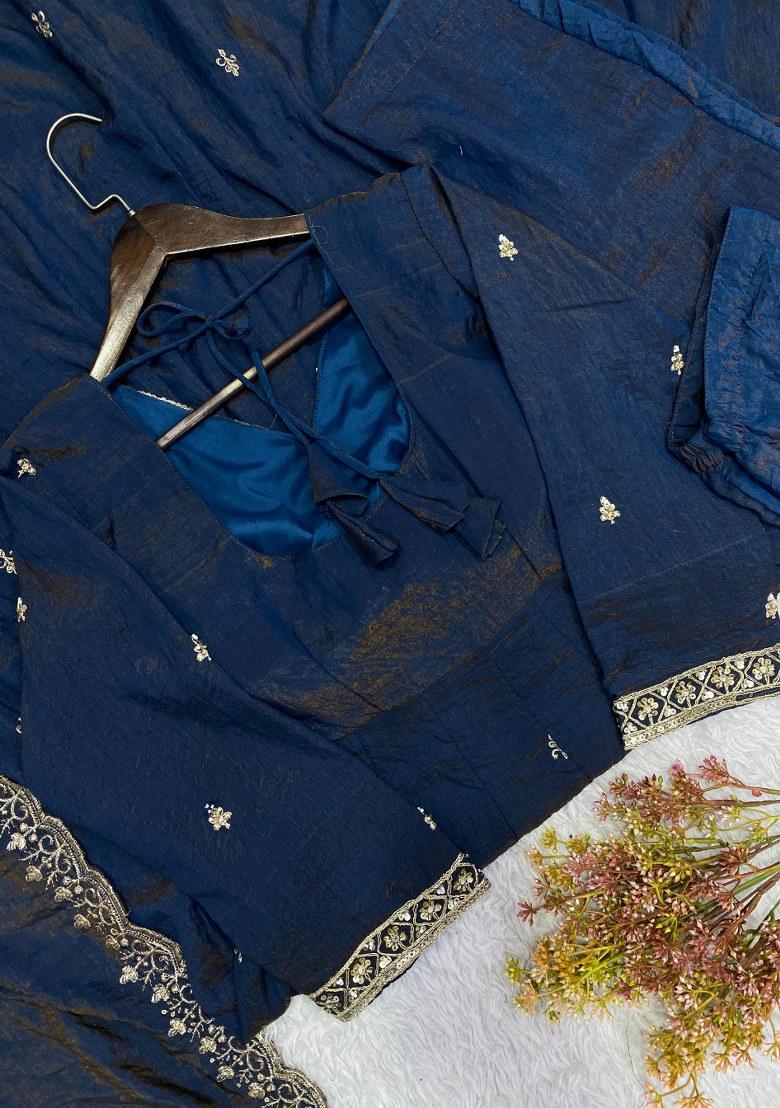 Navy Blue Beads Work Silk Anarkali Set - Indya