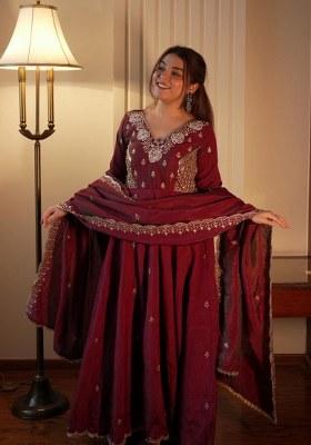 Brown Beads Work Silk Anarkali Set