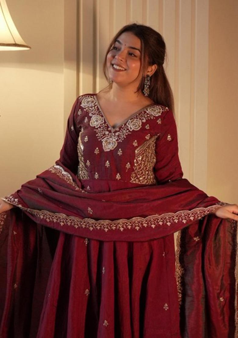 Brown Beads Work Silk Anarkali Set - Indya