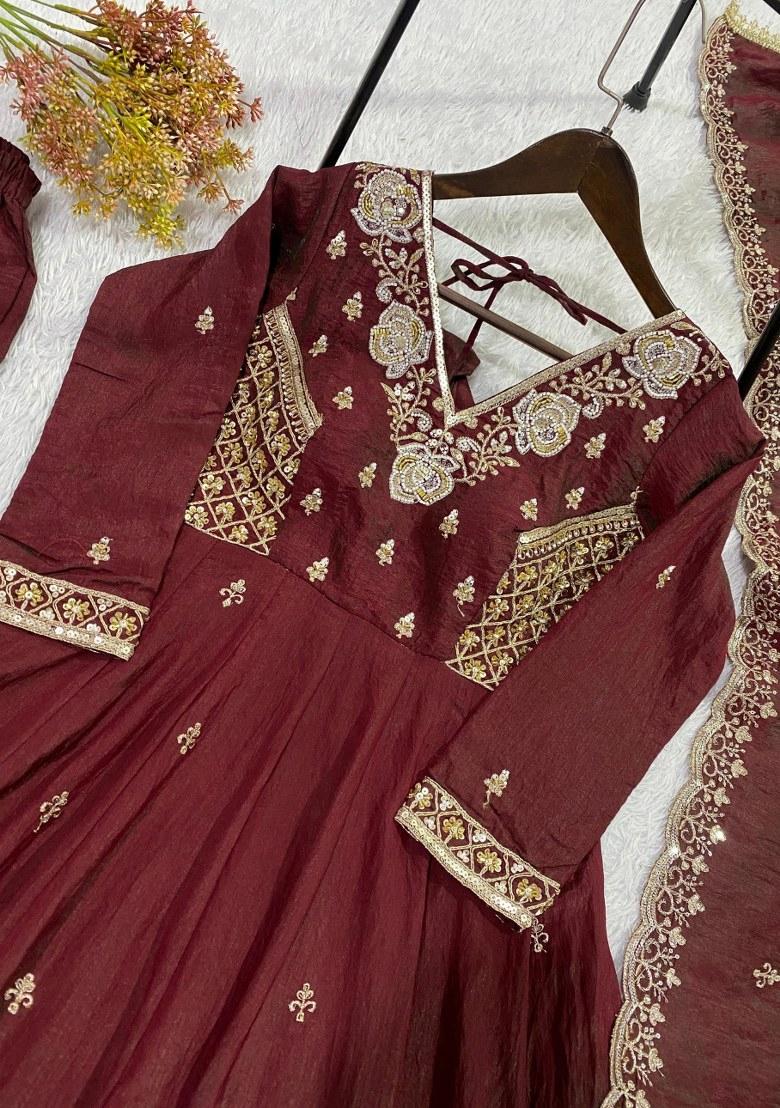 Brown Beads Work Silk Anarkali Set - Indya