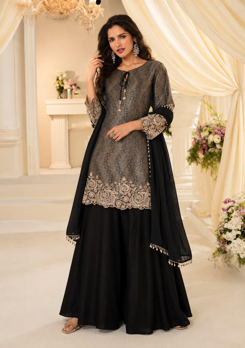 Black Embroidered Silk Kurta Set - Indya