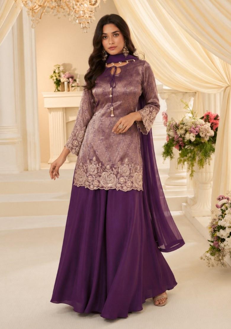 Purple Embroidered Silk Kurta Set - Indya