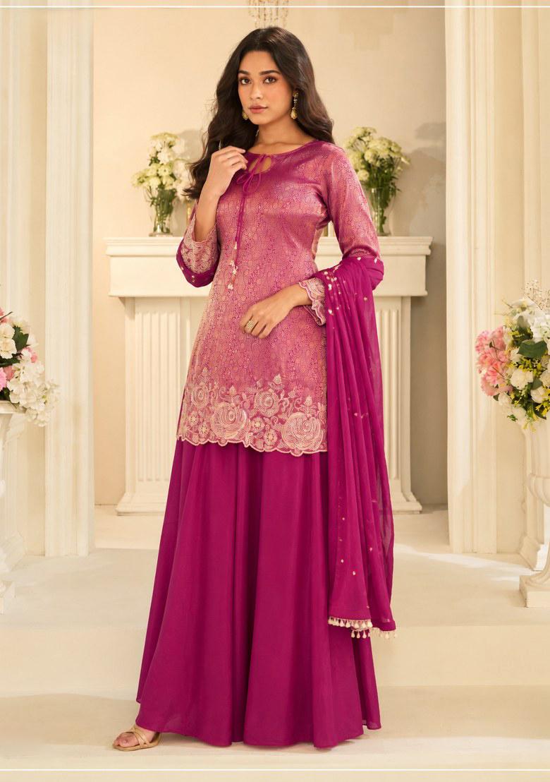 Magenta Embroidered Silk Kurta Set - Indya