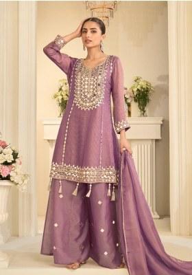 Lavender Embroidered Silk Kurta Set