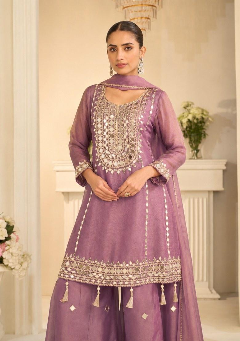 Lavender Embroidered Silk Kurta Set - Indya