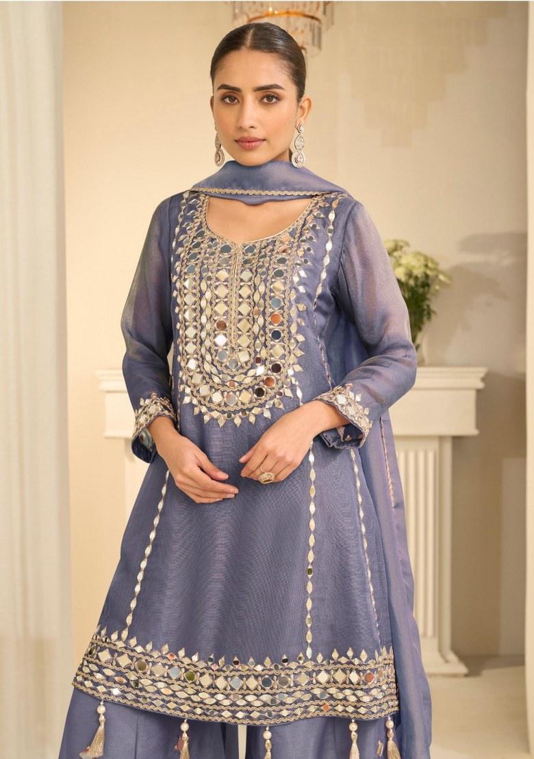 Blue Embroidered Silk Kurta Set - Indya