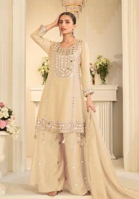 Beige Embroidered Silk Kurta Set