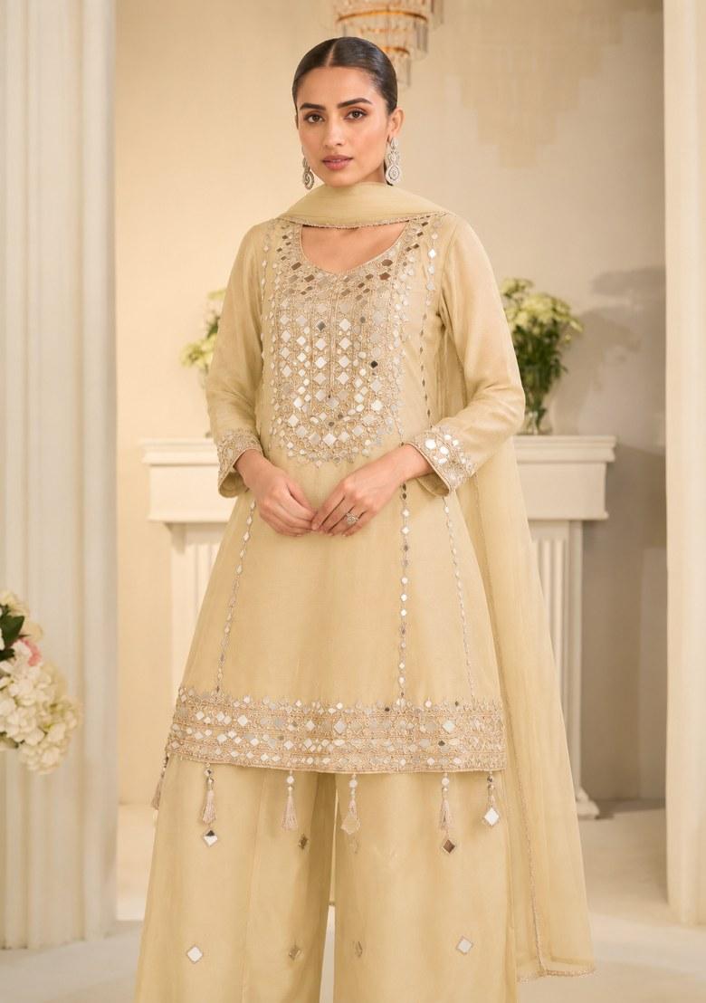 Beige Embroidered Silk Kurta Set - Indya