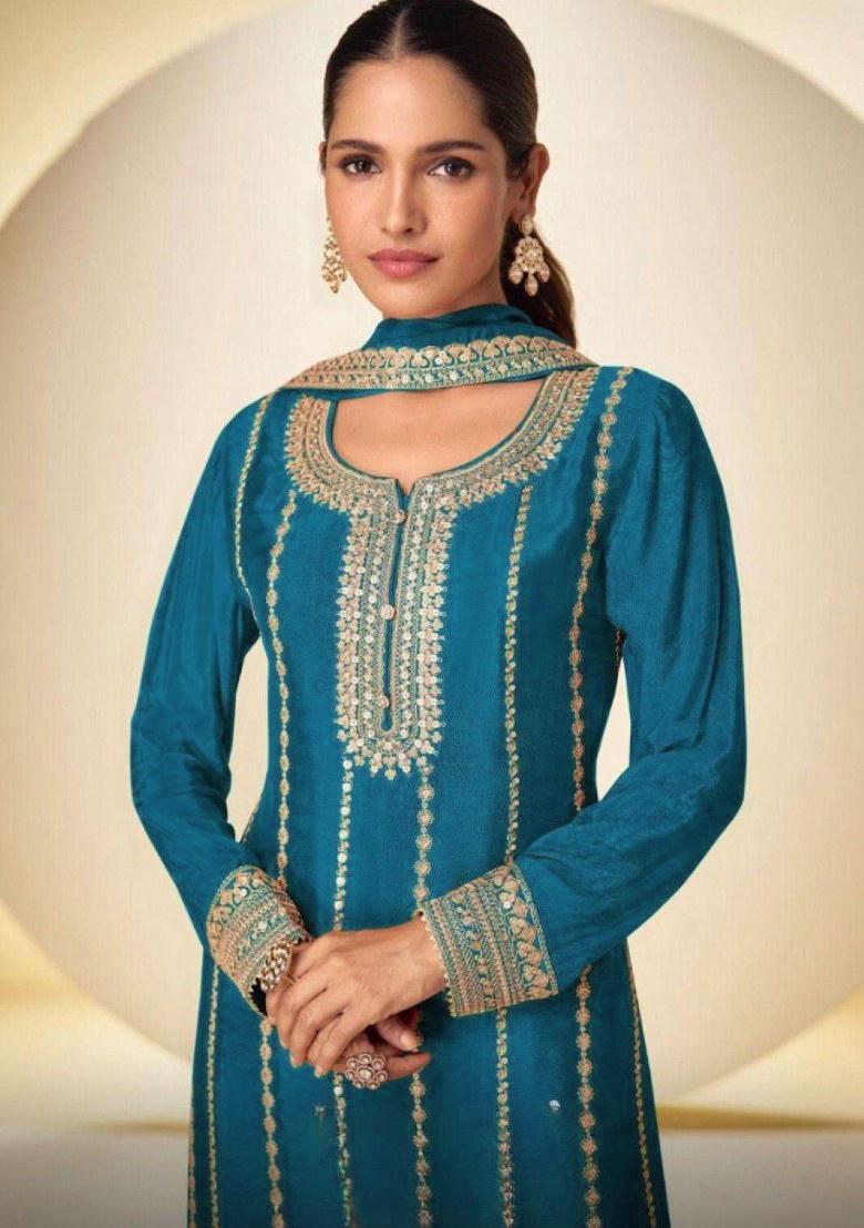 Blue Embroidered Silk Kurta Set - Indya