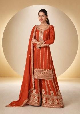 Orange Embroidered Silk Kurta Set