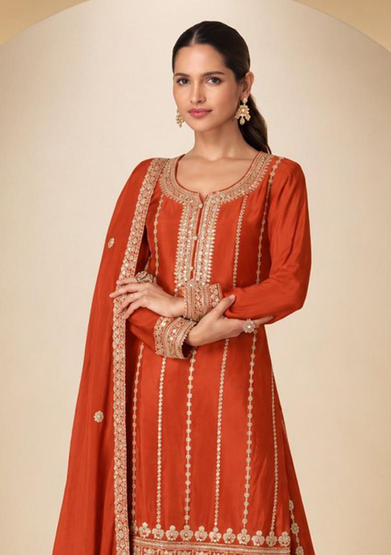 Orange Embroidered Silk Kurta Set - Indya