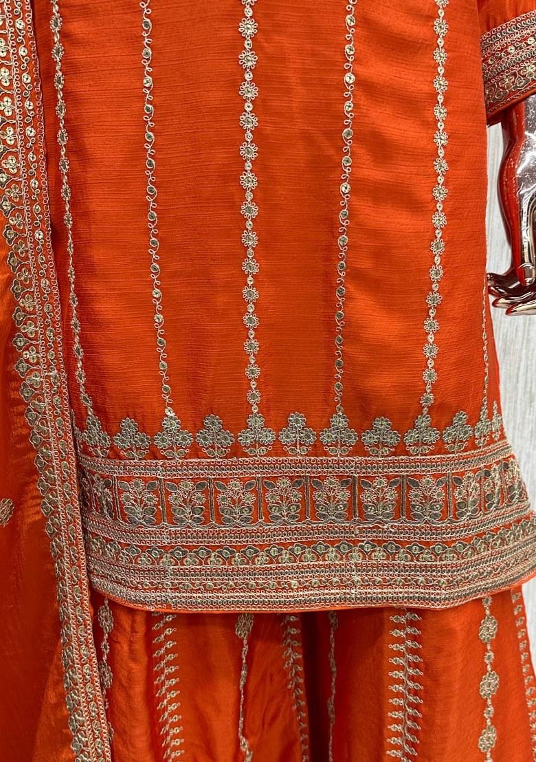 Orange Embroidered Silk Kurta Set - Indya