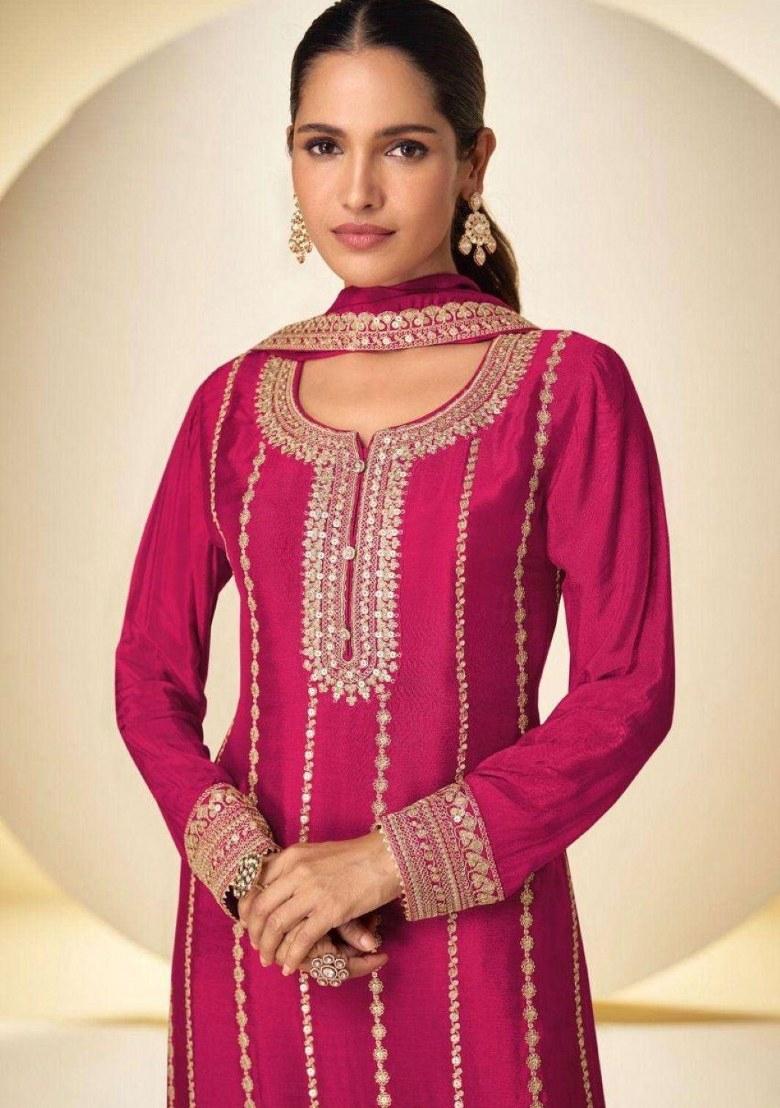 Rani Pink Embroidered Silk Kurta Set - Indya