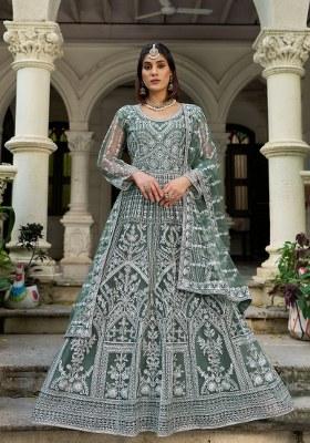 Dark Green Embroidered Net Anarkali With Dupatta