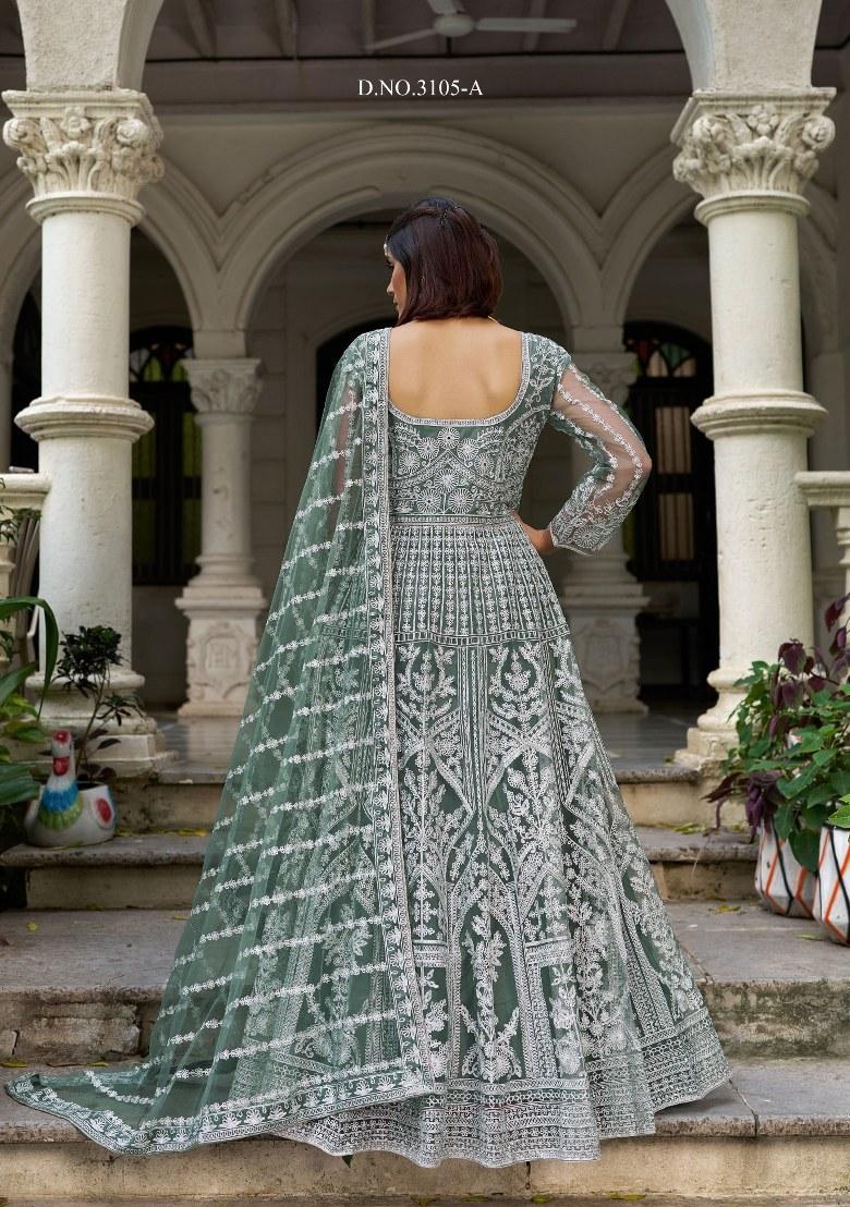 Dark Green Embroidered Net Anarkali With Dupatta - Indya