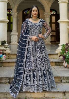 Navy Blue Embroidered Net Anarkali With Dupatta