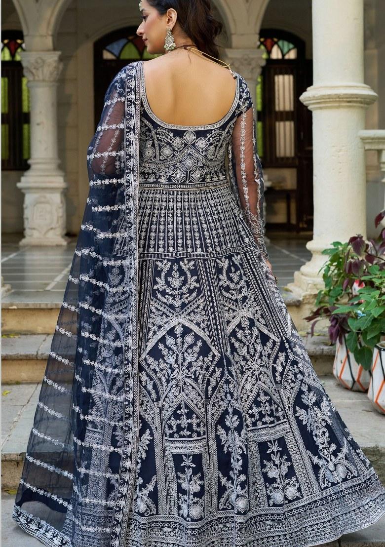 Navy Blue Embroidered Net Anarkali With Dupatta - Indya