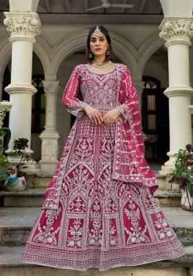 Rani Pink Embroidered Net Anarkali With Dupatta