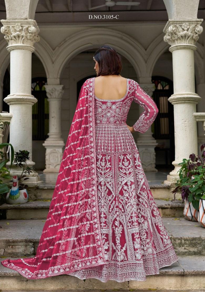 Rani Pink Embroidered Net Anarkali With Dupatta - Indya